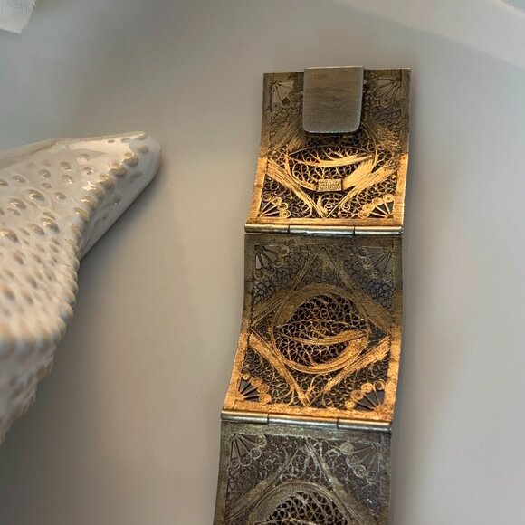 ANTIQUE STERLING VERMEIL FILIGREE CUFF BRACELET - Picture 7 of 8